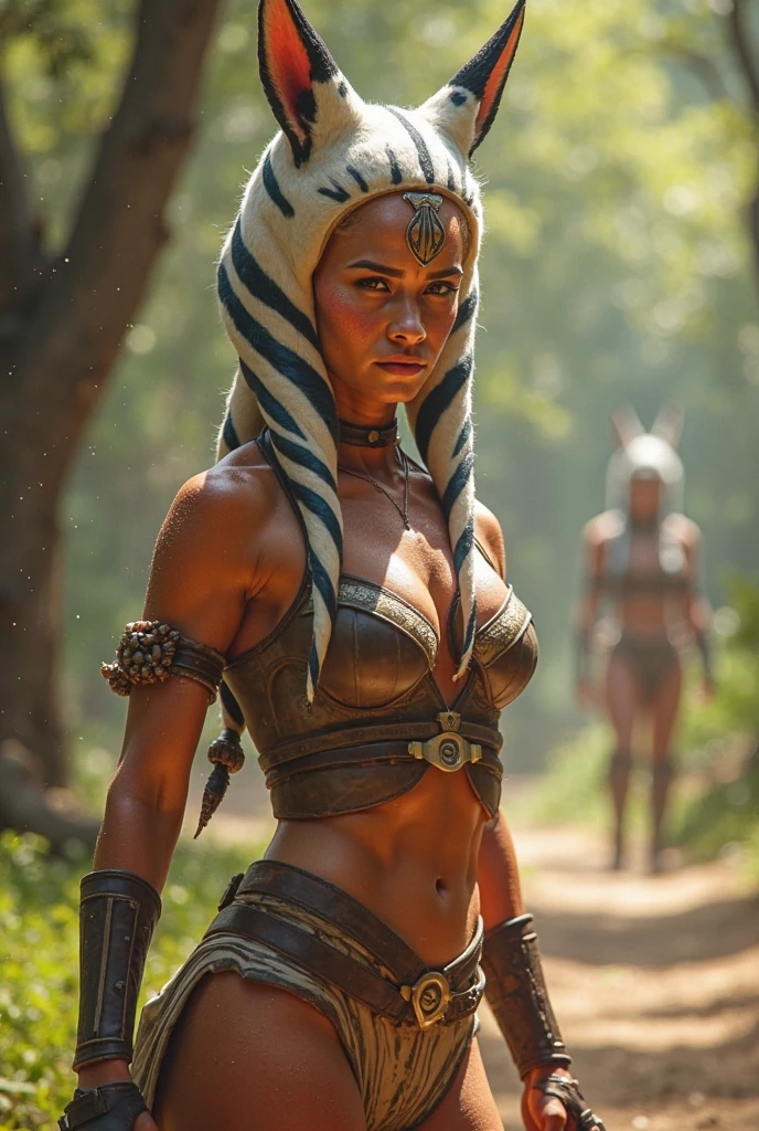 cinematic film still ahsoka tano fearful cry wearing tropical print bikini and wedge sandals at a breathtaking waterfall cascading down a pristine landscape, full body shot . huge breasts . heavy breasts . wide hips . shallow depth of field, vignette, highly detailed, high budget Hollywood movie by damien chazelle, bokeh, cinemascope, moody, epic, gorgeous,