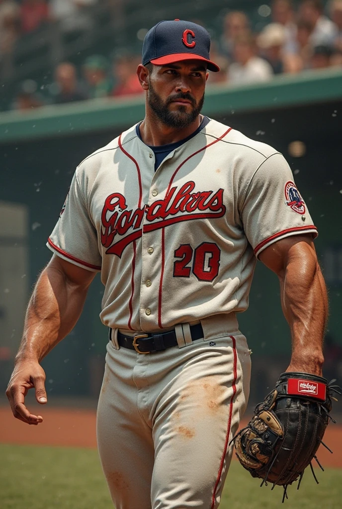 Hot handsome macho baseball player in a baseball field, fit body, elegant, charming, kind, scruff, hairy, big body, manly and masculine, symmetrical eyes, beautiful eyes, high Resolution, Masterpiece,Best Quality, God Rays, big pecs, big arms, daddy, father, dad body, stocky, thick thighs