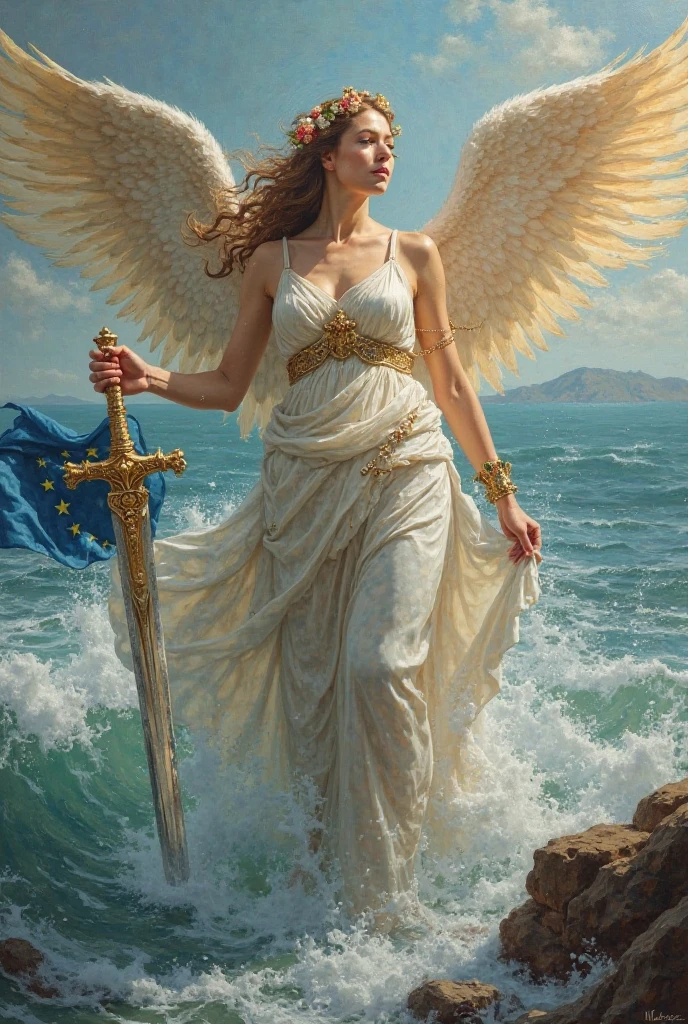 (close up of angel), classical style, an angel holding an olive branch flies over the ruins of war. Her appearance causes all the soldiers who were originally fighting to stop their weapons. The white doves falling in the sky symbolize peace. The main body of the picture is angels and soldiers, with war ruins and the sky in the background, wings, full body, (Photography), panoramic view, award-winning, cinematic still, emotional, vignette, dynamic, vivid, (masterpiece, best quality, Professional, perfect composition, very aesthetic, absurdres, ultra-detailed, intricate details:1.3)