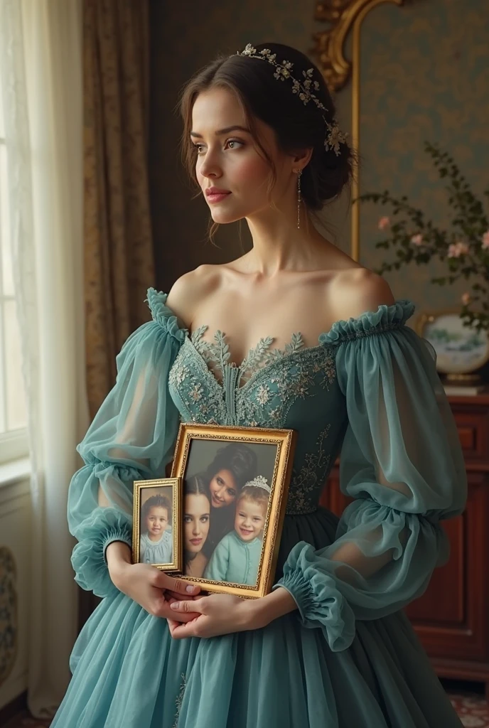 WOMAN IN AN ELEGANT ROOM LOOKING FORWARD , wearing a BLUE FLOSSY DRESS , STANDING showing her natural charm and ADULT personality.  A LITTLE BEHIND HER, BEHIND YOUR BACK AND TO YOUR RIGHT IS A MUCH OLDER APPEARING MAN HOLDING A SMALL WINDOW . BEHIND YOUR LEFT IS A MUCH OLDER APPEARING WOMAN HOLDING A HEART-SHAPED PENDANT. SENA BRINGS THE FEELING OF LOVE .