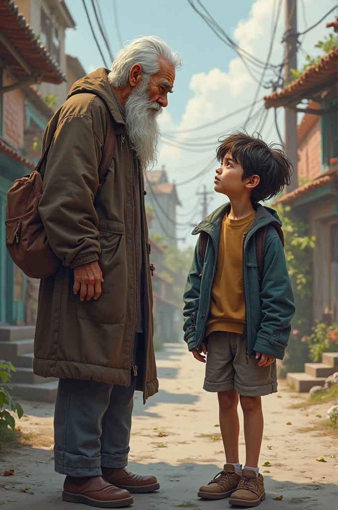 A boy saw a old man due the rain with a umbrella 