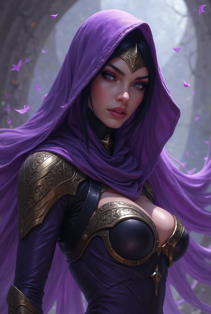 a woman cultist with a voluptuous body wearing revealing clothes, veil covering face, detailed facial features, dramatic lighting, dark fantasy art, rich colors