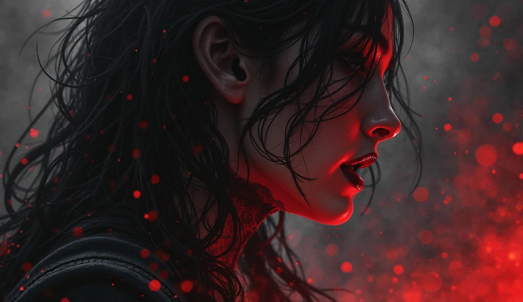a woman with white skin, black and red eyes, short white and black hair, close-up profile, serious expression, cuts on face, cinematic lighting, dark moody atmosphere, rich colors, high quality, 8k, detailed, photorealistic, dramatic lighting, dramatic shadows, moody, gothic, dark fantasy.
