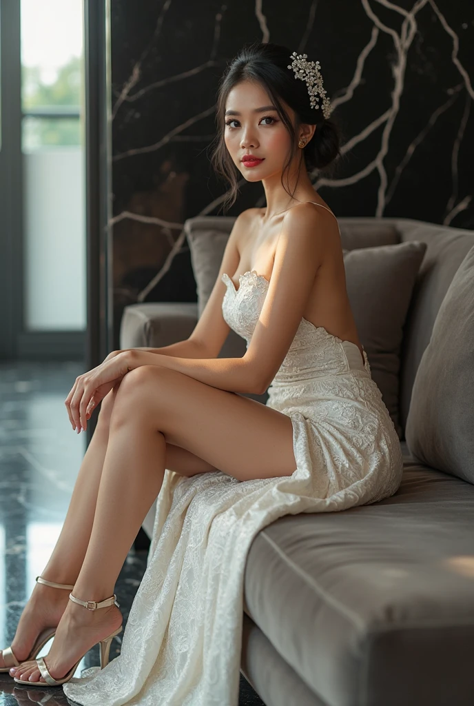 Beautiful 25 year old tall and slender woman。perfect legs. perfect face. She is fashion model. She is staying in the old classic church. She is wearing a wedding dress that a leg is visible. She is illuminated by sunset light. the evening church lights is on . her dark brawn hair. High resolution、masterpiece、highest quality、頭w:1.0、((Hasselblad Photos))、fine skin、(movie lighting)、clavicle . full body picture.