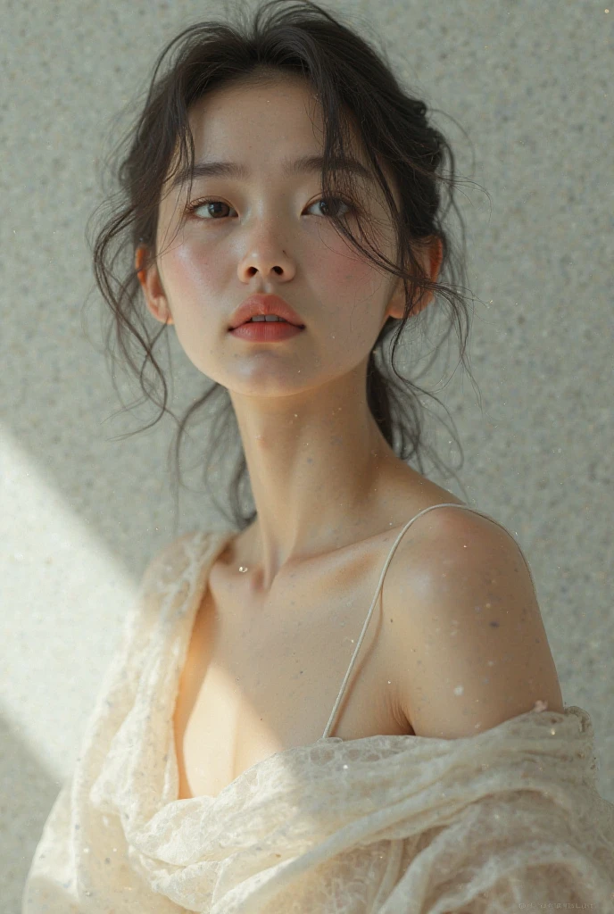 Best quality, masterpiece, ultra high res, (photorealistic:1.5), raw photo, 1girl, offshoulder, in the dark, deep shadow, low key, cold light, sexy look, short hair