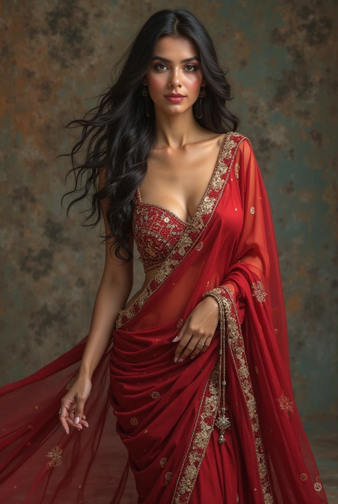 1 girl in, 20 year, standing alone, long hair, Indian, looking ahead at viewer, hair Brunette, bared shoulders, greeneyes, jewerly, whole body, a necklace, off the shoulders, Saree, realisitic, A sexy, big boobies