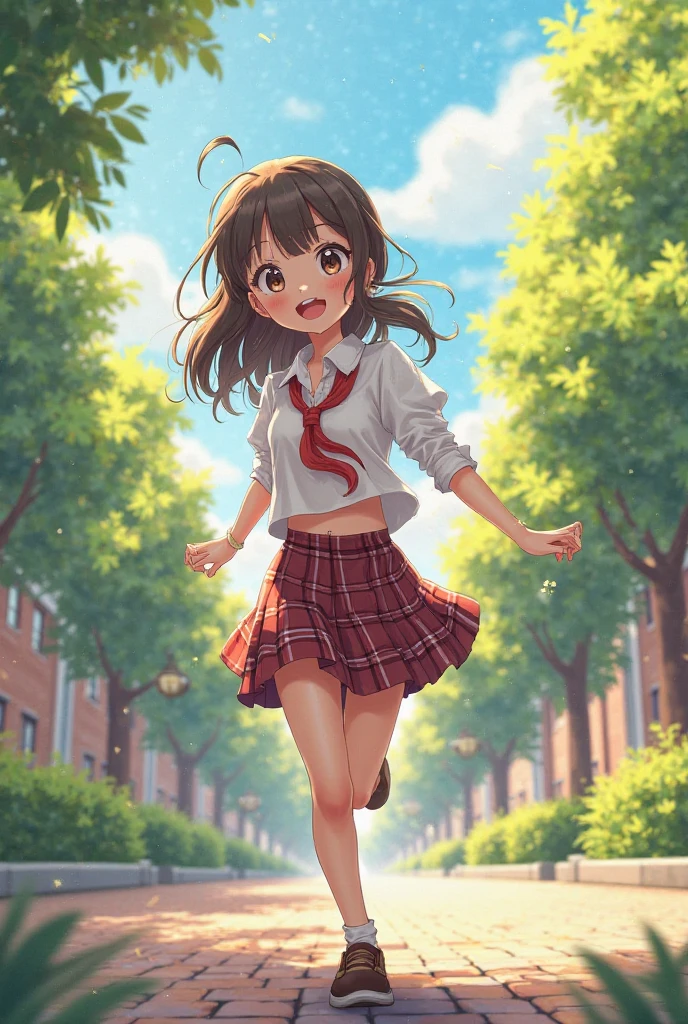 Girl walking up on stage  happy (cartoon) school uniform (one bun hair) close up