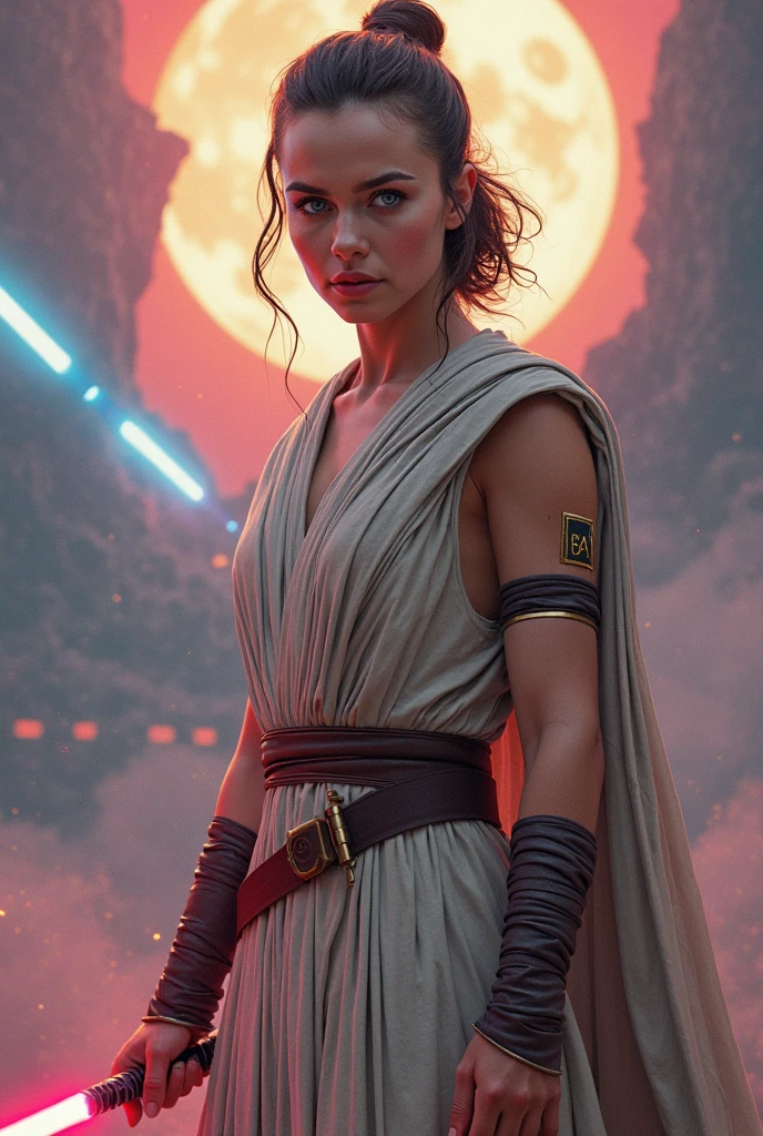 Sith Rey Skywalker, red eyes, wears a red mini dress with a cleavage, exposed vagina, in sith ruins near a river, dinamic pose, fighting pose, behind there is a robot, orgasm face, upskirt, without panties, at night, mid shot