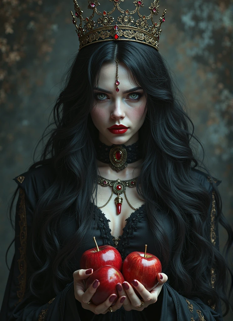 Girl with black long hair and red lipstick, portrayed as a Black Queen or Witch Queen, holding a poison apple, adorned with accessories, oil painting on canvas, Pre-Raphaelite style, rich dark colors, intricate details, dramatic lighting, Gothic undertones, inspired by John William Waterhouse and Gustav Klimt, ornate golden elements, symbolic imagery, mysterious atmosphere, contrasting tex