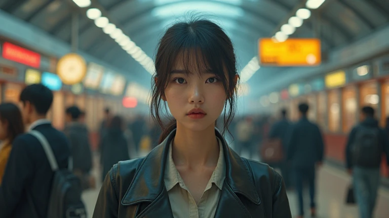 (1girl), solo, latin-girl, long_hair, wearing(green-formal_suit, jewelry), photo(medium-shot), portrait, sitting-poses, pov, blurry_background, background(futuristic-metro_station), (photorealistic, absurdres, best_quality:1.55),