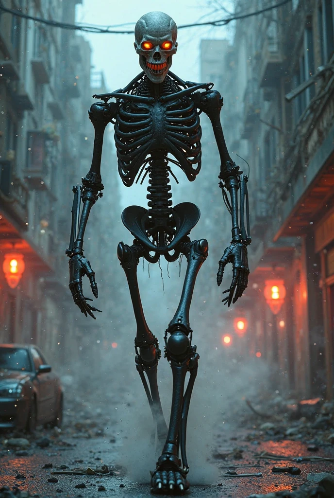 textless, cyberpunk ChristianBale CYBER SKELETON, anthropomorphic biped machine cyberskeleton robot, electricity wires, energy
