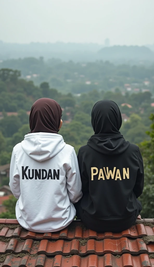 Tall, curvy handsome guy, 19 tahun, pake jaket warna coksu bertulisan ARA, holding hands with a beautiful girl, 19 tahun, wearing the hijab, the girl's height is as tall as the boy's earlobe, pake jaket warna coksu bertulisan ARYA, in a park.