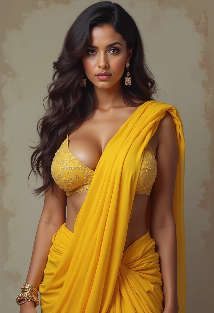 modern Indian woman on the move. The young Indian woman herself is an embodiment of grace and resilience. She exudes a quiet confidence, her eyes reflecting a depth of wisdom beyond her years. Her skin, bathed in the warm glow of sunlight, big breasts, boasts a rich olive complexion that radiates a natural beauty. Her almond-shaped eyes, adorned with a hint of kohl, are like windows to her soul, expressing both curiosity and determination. Her hair, cascading in loose waves, is like a fiery waterfall of mahogany, catching the light and creating a mesmerizing play of shadows and highlights. It frames her face delicately, drawing attention to her high cheekbones and the subtle curve of her lips, which hold a hint of a smile.