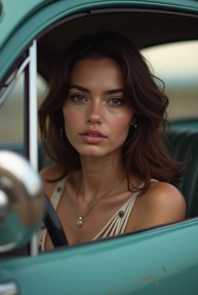 a woman in a white blouse (open), duckface in front of a car (convertable) from above