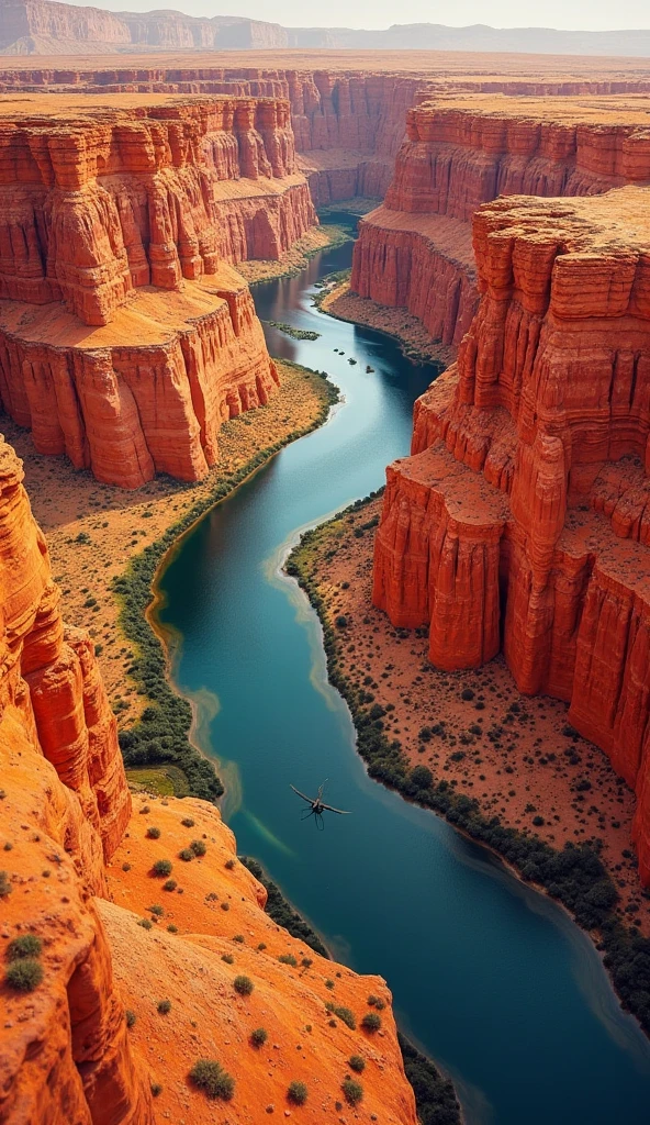 An abstract aerial view of a winding river cutting through a colorful ...