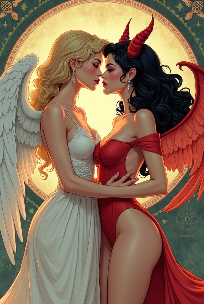 Two beautiful angels in bed with a demon smoking and kissing