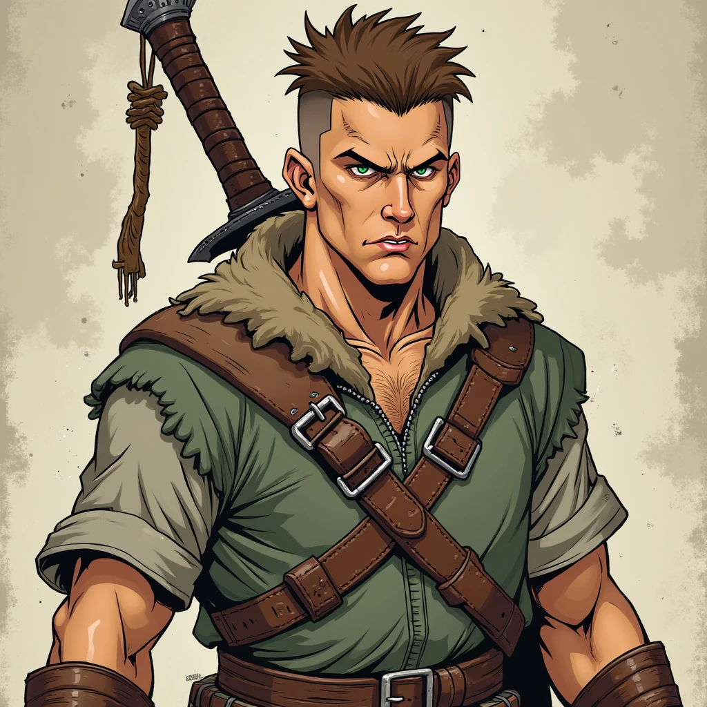 - **eyeballs**: He has a piercing, determined look in his left eye., the only visible.
- **Eye cap**: He wears a black leather patch covering his right eye., an indication of a severe battle wound.
- **cicatriz**: A deep scar runs across his left eyebrow, goes down through the eye (probably blind) and continues up to the left cheek, showing signs of a fierce battle.
- **body hair**: her hair is black and long, clearly neglected, because it grew without cutting. It's disheveled and covered in blood, indicating that he has recently been in combat.
- **Barba**: He may have a stubble, dense and equally poorly cared for, reinforcing your hardened appearance.
- **muka**: Your face is marked by years of battles, with expression lines that demonstrate both suffering and determination.
- **outfit**: He wears leather or metal armor, visibly damaged and stained with blood and dirt. under, maybe a simple tunic, also marked by constant use.
- **Physicist**: He is robust and muscular, result of years of training and combat.
- **stance**: Maintains a firm and alert posture, always ready for the next battle.