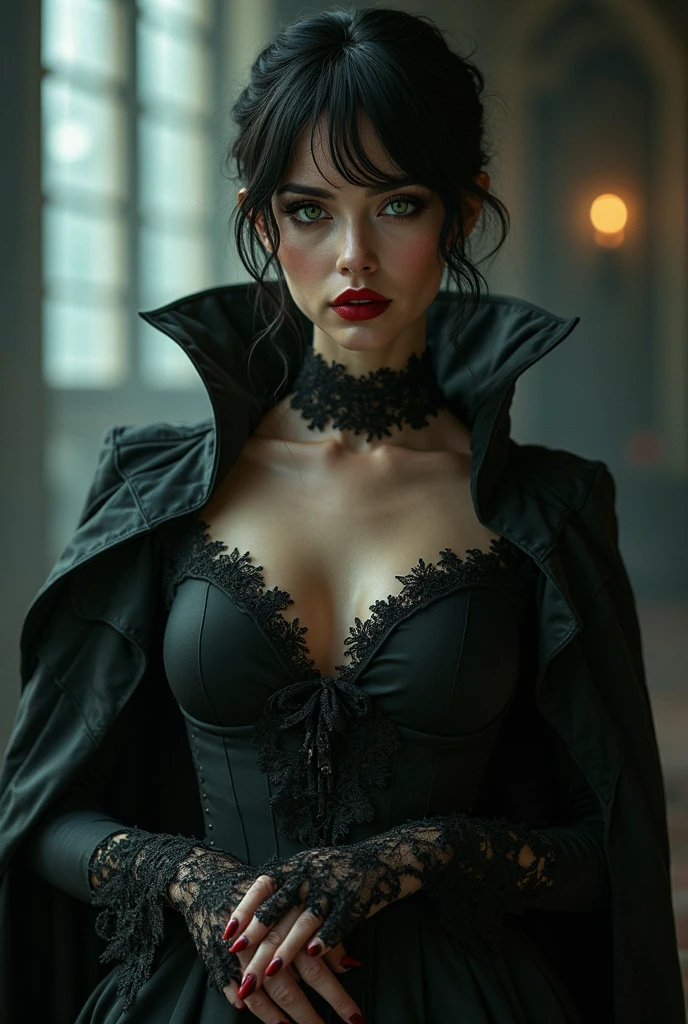 Gang leader, female, London year 1814, cloudy, athletic physique, no clothes, hollow, tattoos on the torso, matte top hat, cunning look, rough look, cinematic, 6d cannon, octane rendering, vintage aesthetic, mysterious aura, dark atmosphere, detailed face, mysterious aura, bright skin, short black hair, detailed intense blue eyes, arched eyebrows, dark makeup, full lips, deep red lipstick, whole body, WLOP, 1 girl, solo, rendered in 8K resolution for high quality detail,perfect anatomy, hands with 4 fingers and 1 thumb, rendered in 8K resolution for high quality detail, 8K image quality, 8K high resolution image, hyper detailed, super realistic, intricate details