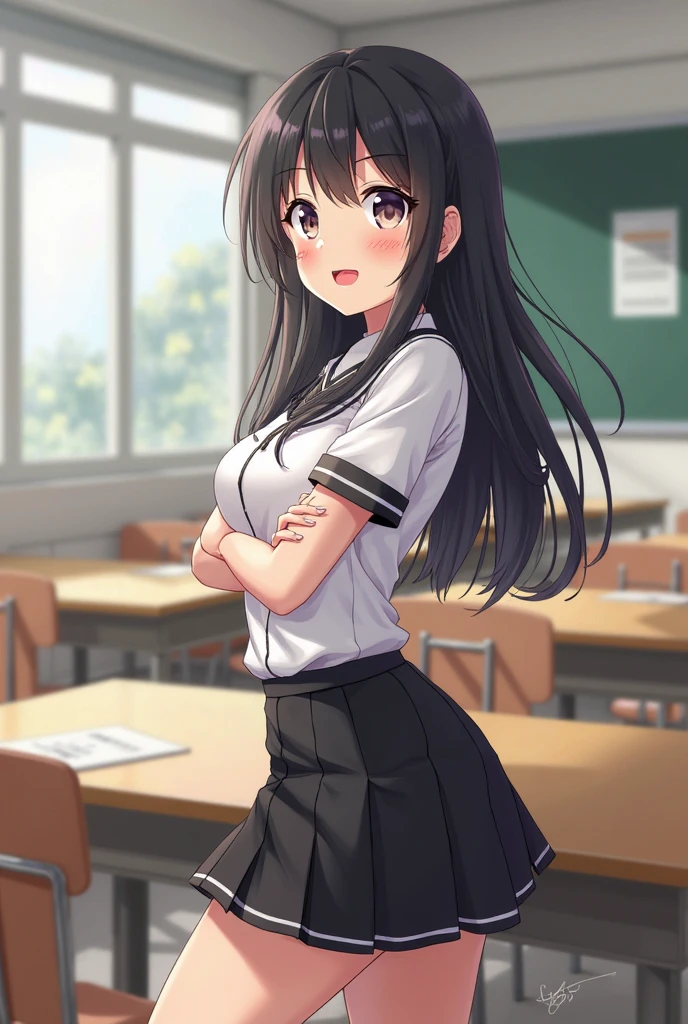A 10-year-old elementary school girl with long black hair wearing a school uniform who lifts up her skirt to reveal white panties.