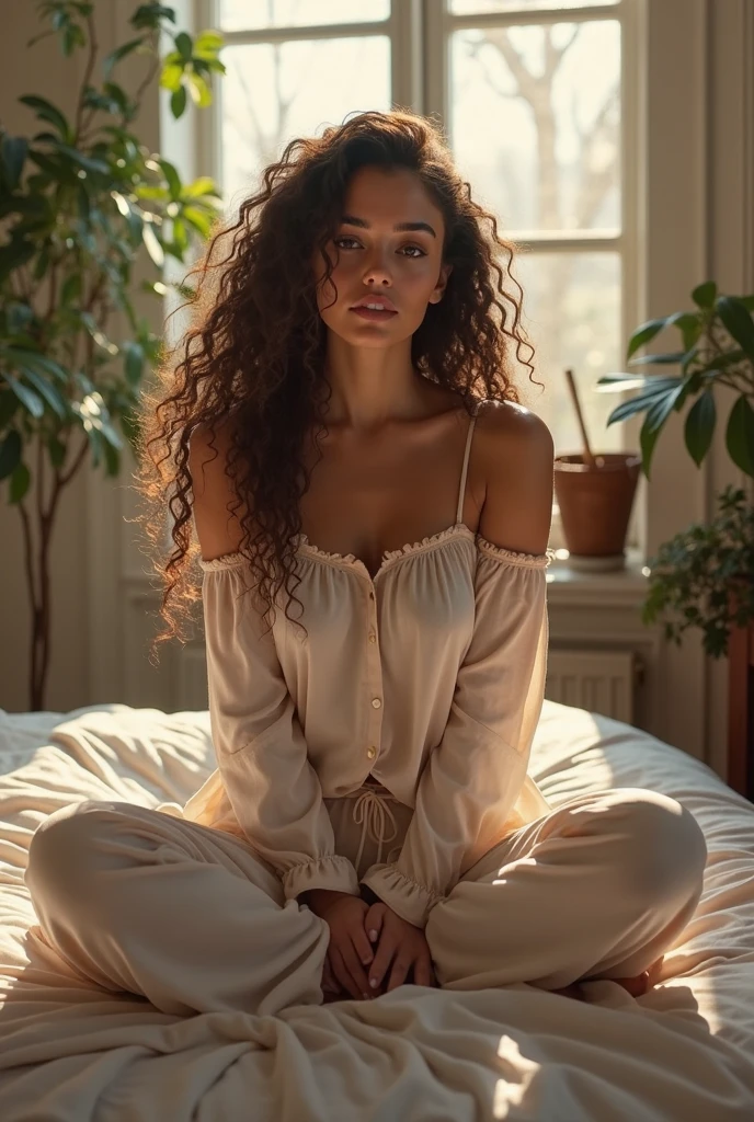 (photorealism:1.2), beautiful woman, sitting on bed, wearing loose off-shoulder top, pajama pants, long curly hair, indoors, soft lighting, plants in background, window with sunlight, cozy room, relaxed pose, realistic, intricate details, warm colors, by Greg Rutkowski, by Alphonse Mucha