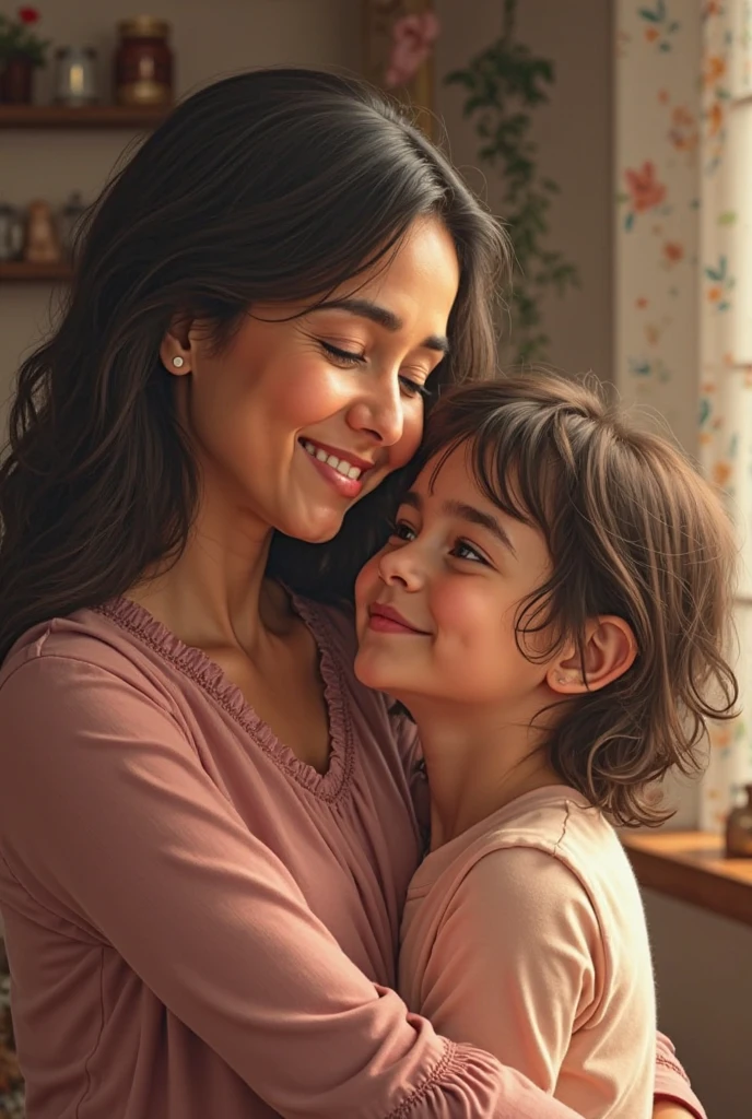 a woman with a 7 year old child side by side, a colorized photo, inspired by Gina Pellón, instagramart, hurufiyya, long black wavy hair, Heart, vídeo tiktok, daughter