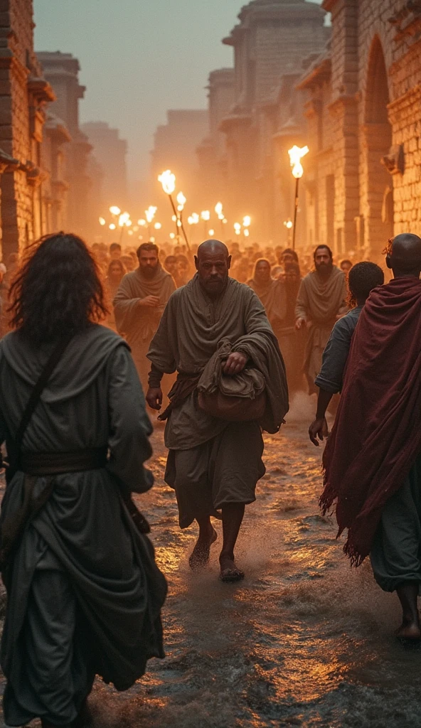 Pixar-like image of a dark and gloomy scene with sick and crying people in the streets of Thebes.