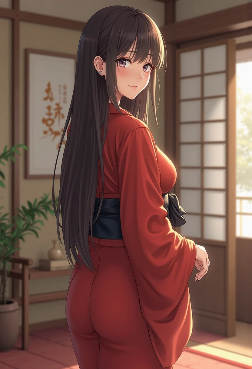 Anime Japanese woman, working woman, uniform, black hair, long hair, low ponytail, blue eyes, kimono-like scarlet shirt with large sleeves, skin-tight light grey slacks, beautiful E-cup breasts, nice ass, office hallway