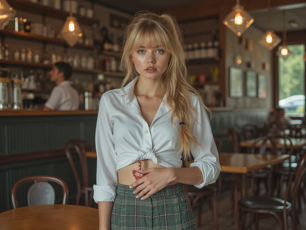 cinematic photo sfw, best quality,(very detailed face),(photorealistic), absurdres, blonde hair, blue eyes, Kate Upton wearing Vest and Bell-bottom pants: Pants that flare dramatically from the knee down, often associated with 70s fashion., realistic , Slight head tilt pose, by Elliott Erwitt, luminous, dynamic composition, rich textures, . 35mm photograph, film, bokeh, professional, 4k, highly detailed