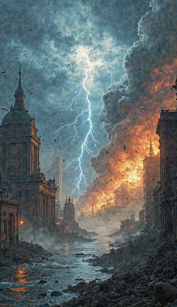 pintura renascentista: tempestade de raios destruindo uma cidade, Cavaleiros em bestas aladas voam ao redor dos raios. destruction, desespero, dor, sofrimento
