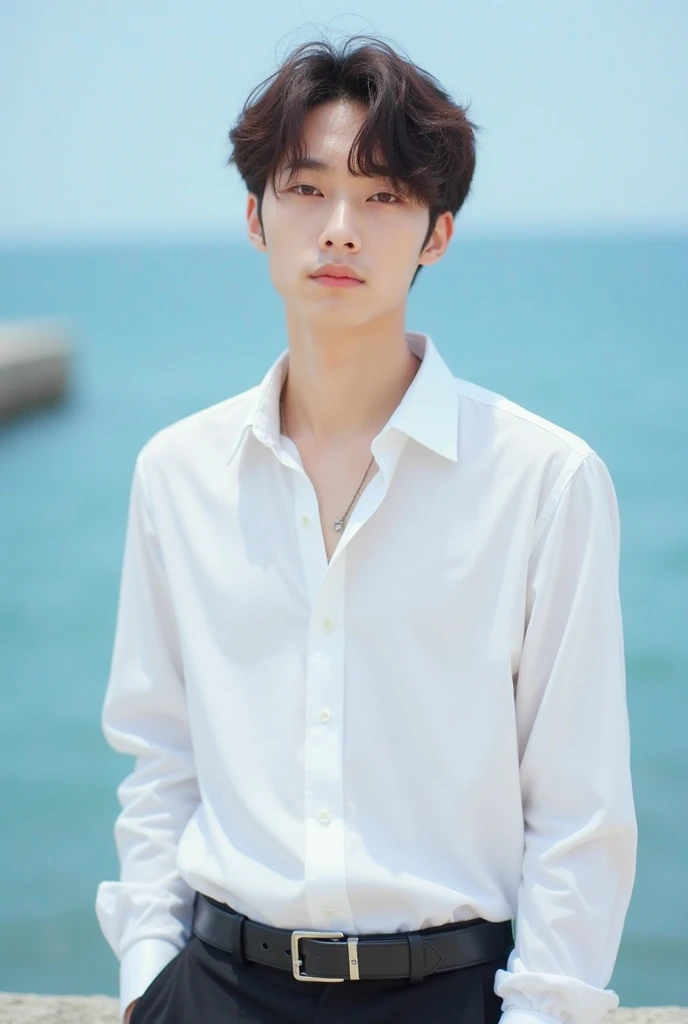 Guy with black hair, white shirt, korean, beach background