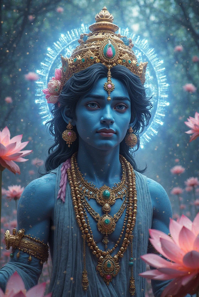Blue skin,dreadlock hair,Snake male Lord Shiva on the neck,slender,Face surrounded by roses