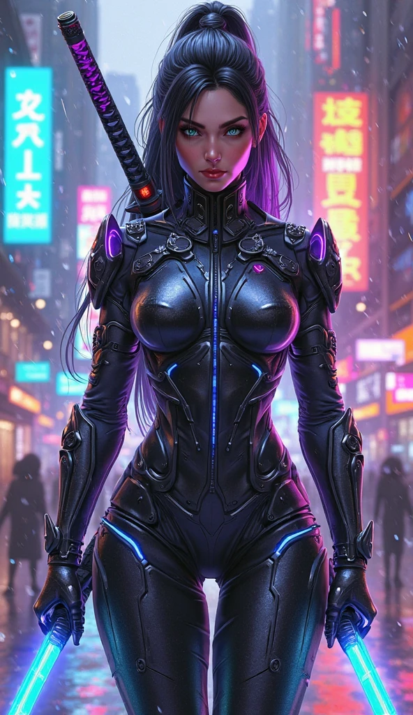 full body pose wearing a mechanical suit, massive breast, bimbo, Mechanical wonder, Cyberpunk, Cybernetic Guardian, futuristic sexy black armor, full body, front pose, symmetry, intricate (steel metal [rust]), joints, warframe style, cyborg, fit muscular female body and armor, Beautiful body, Massive breast, pale skin, seductive, temptation, eat your soul, clevage, long flowing black hair with purple highlights, heavy gothic makeup, at night, neon, holding a futuristic black and red laser rifle, sith queen, warrior queen, black latex cloak, stiletto heels, full body pose, wartorn ruins in the background, explosions and fire, high heels