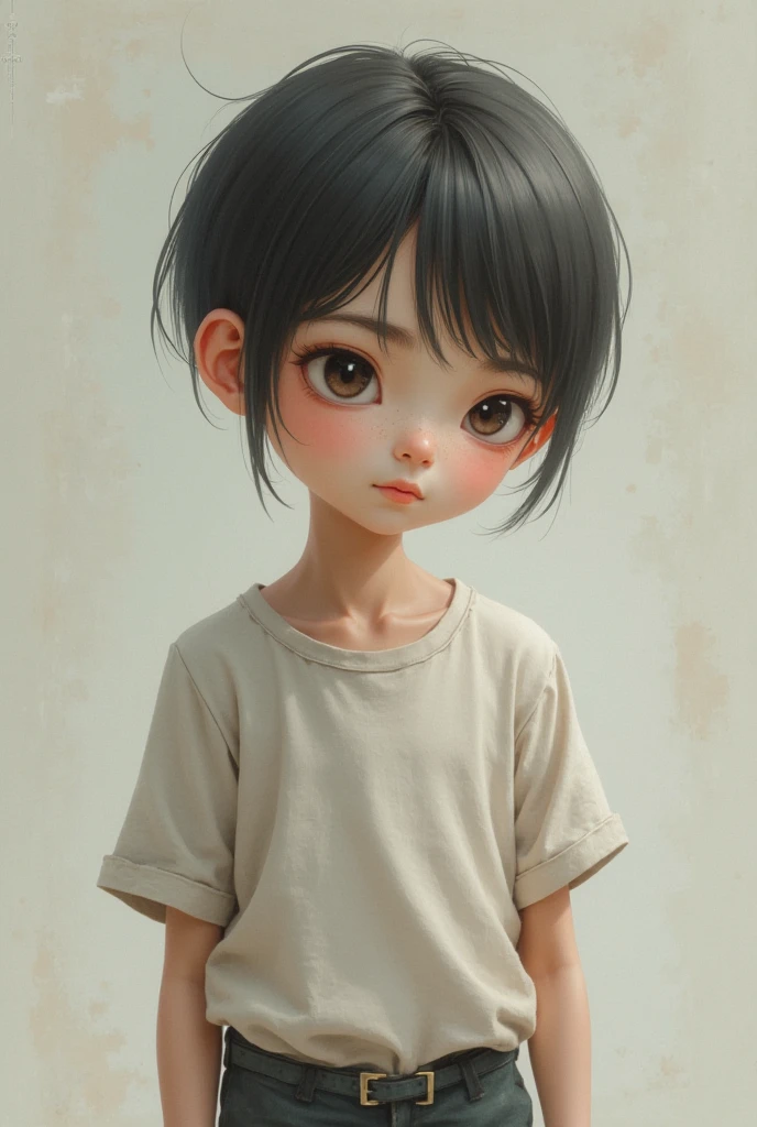 Boy with long black hair and black eyes, white t-shirt with cross on neck