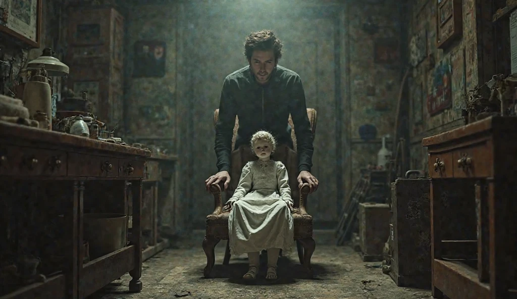 Image of terrified parents, with expressions of shock and fear, as they see the crooked man holding their daughter. The scene is gloomy, with dim lighting and an atmosphere of dread.
Ultra realistic image.
