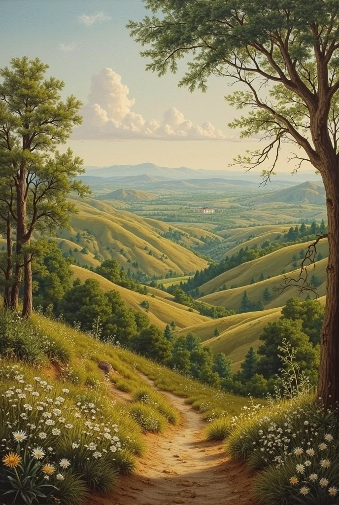 An awe-inspiring vista of the Auvergne volcanoes, surrounded by dense forests that add a sense of mystery to the landscape. The mountains rise majestically, their slopes covered in a carpet of green, with occasional bursts of wildflowers adding splashes of color. The magnificent blue skies stretch endlessly, adorned with fluffy clouds that seem to playfully dance around the peaks of the volcanoes. The forest is teeming with life, with the sounds of birds and rustling leaves creating a symphony of nature. The atmosphere is filled with a sense of wonder and exploration, inviting adventurers to delve into the heart of the wilderness. Illustration, using digital art techniques, to create a vibrant and immersive portrayal of the Auvergne volcanoes and the enchanting forest,