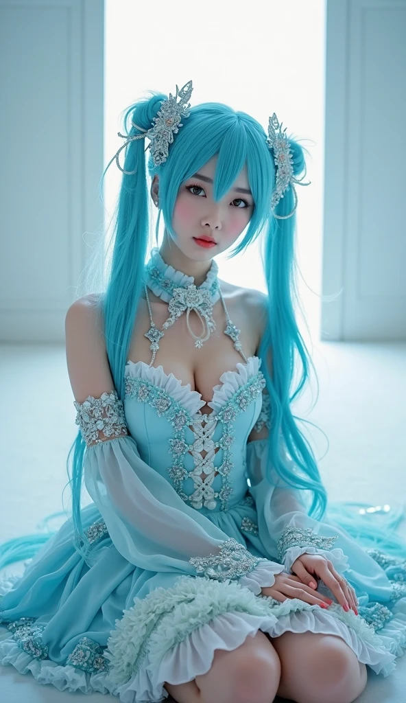((highest quality, 8K, masterpiece)), (Sheer sexy costume:1.4), Awesome girl, whole body, pretty girl, Slender body, , delicate, (Beautiful breasts:1.2), (Beautiful buttocks), (Perfect Eyes:1.3), (A face with attention to detail:1.2), Same eyes, Glare, Global Illumination, Soft Light, dream lights, Night Sky, nebula, White Crystal, moonlight, Tranquility, summer, (Perfect Anatomy:1.4), ((Hatsune Miku)), (Detailed girl's hands:1.4), (A wistful look:1.5)