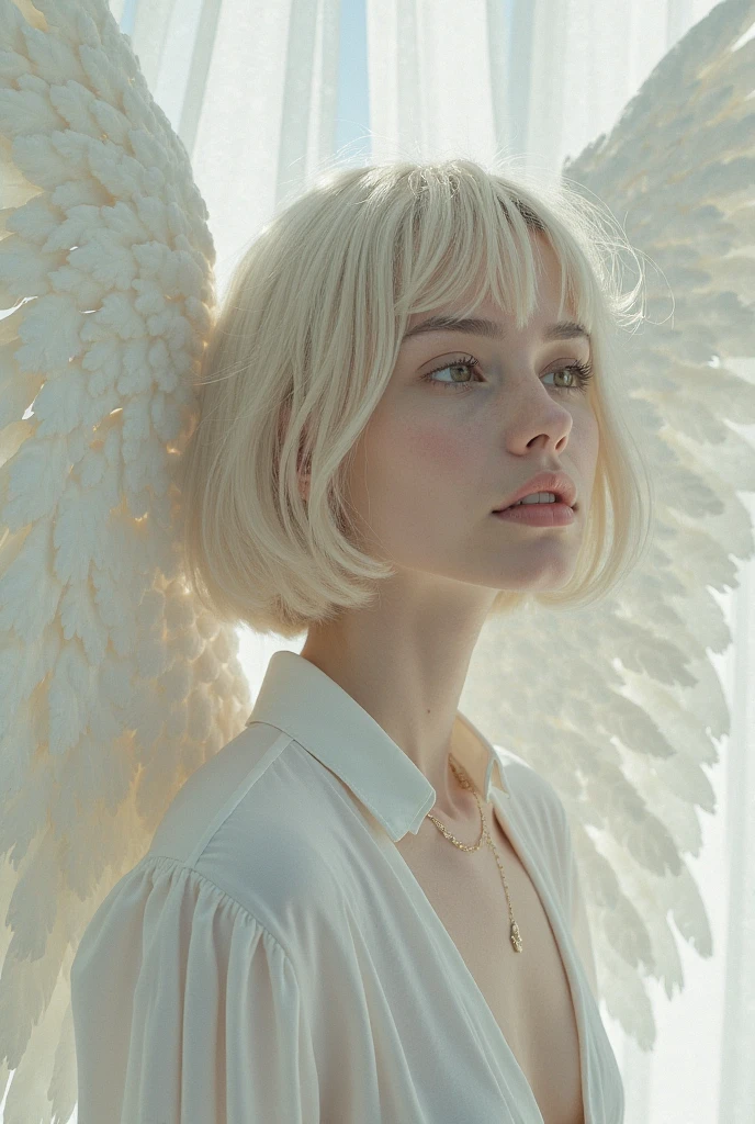Imagine an albino man, extremely pale skin, almost translucent with visible blue veins, giving an ethereal and delicate appearance, with platinum blonde, straight hair, thin lips with a light pink tone, he has wings, one white and the other black, he is wearing a long, flowing blouse