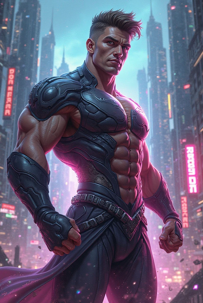 Muscular man, cyberpunk, bionic eye, nywork city background all neon