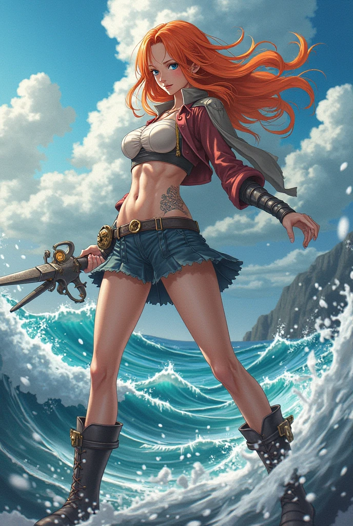 best quality,4k,8k, highres, masterpiece:1.2), ultra-detailed, extremely detailed eyes, extremely detailed body, (large masterpiece digital art), (detailed manga illustration), (detailed line art), ((perfect anatomy)), (intricate details:1.3), (ultra-detailed:1.3), (illustration:1.3), (sharp focus:1.3), (natural lighting:1.05), (vivid colors:1.3), (masterpiece), (best quality:1.4), (perfect anatomy:1.4), high quality, expressive eyes, full body, detailed face, beautiful face, perfect face, 1 girl, breast, large breast, detailed hair, medium hair, orange hair, hair over one eye, purple eyes, eyepatch, shark girl, pointy ears, pirate, pirate hat, sharp teeth, teeth, cropped jacket, holding weapon, gunblade, gun, midriff, asymmetrical pants, gloves, curvy, Intricate, High Detail, Sharp focus, dramatic, cinematic lighting, dramatic atmosphere, (((coastline background))), soft bokeh of beach,