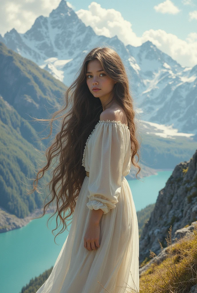 1girl, very beautiful, beautiful girl trending, deadhead, very long hair, braided hair, running towards the viewer, smiling, innocent beautiful girl, round green eyes, fully dressed, long red dress, wavy dress, running towards the viewer in a foggy garden, wavy hair, wavy red scarf