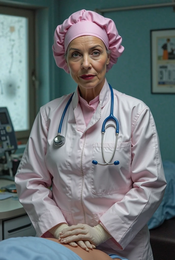 Lady doctor in fuchsia surgeon white leather surgical uniform with cap
