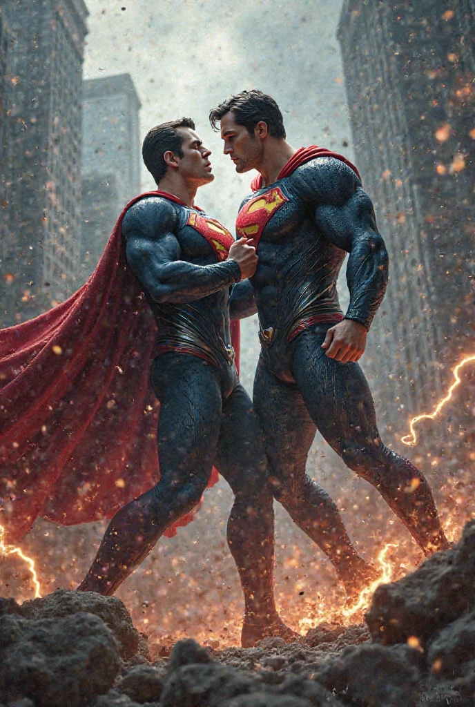 He has Superman and a blonde man with long hair, wearing black pants and black boots, his body has tattoos with red demonic symbols