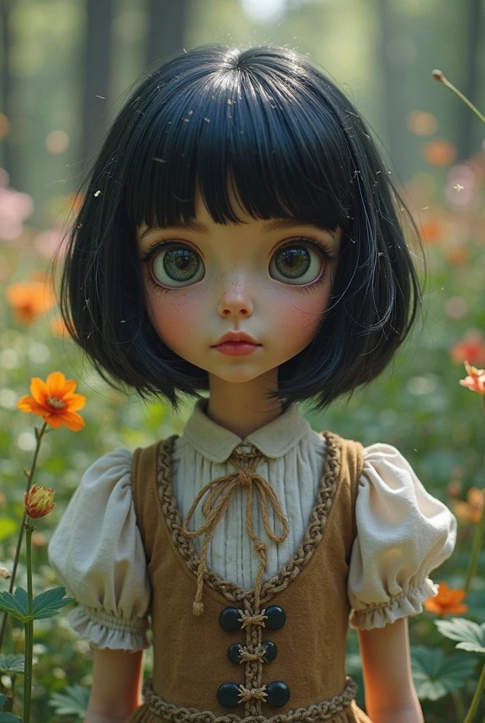 editorial photography,super detailed background,Super realistic,double exposure,depth of field,asian beauty super skinny vides,soft focus tone,narrative scene,narrow eyes,super short bob-cut hairstyle,baby face,Portrait photo of a woman with a single lego block flowers,negative fill,