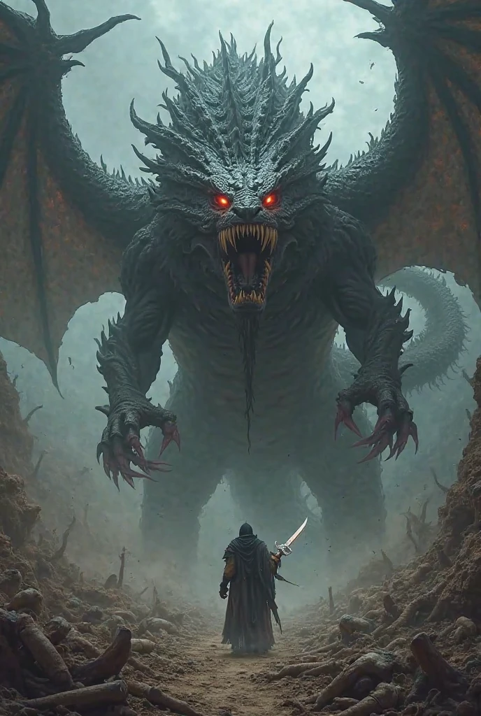 There's a big dragon,Giant Head,The body is huge, Terrifying Dragon,battle, cadaver, Blood vessel, rain, warrior, male, Long sword, Clash of Swords, jogging, Shoot arrows, light, ghost, 3 people, Struggle, Violent art style, Epic fantasy card game art, Highly Detailed fantasy art, Detailed digital 2D. Fantasy Art, Epic fantasy art, Detailed fantasy art, Epic fantasy card game art, Undercity&dragon fantasy art, Surreal d & D. Fantasy Art, Symmetrical fantasy art, Robot Dragon's portrait