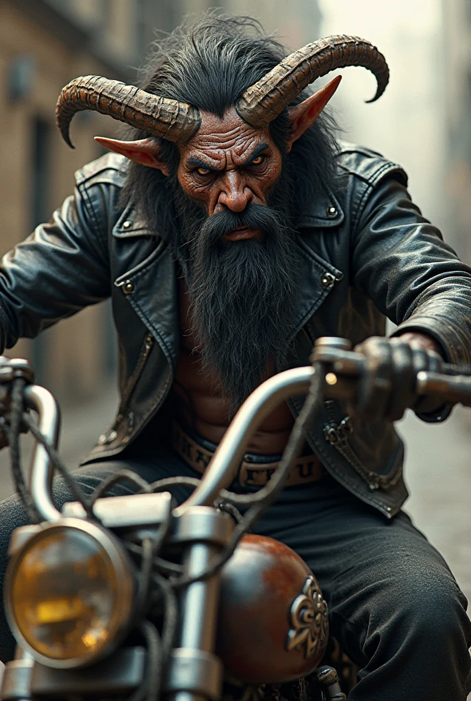Man with long black beard , protruding ears . tattooed on a motorcycle childish look 40 years old hair in crete , corpulance gras