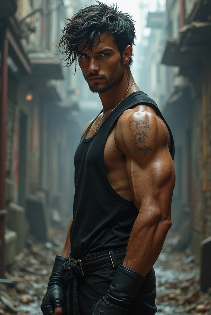 8k, masterpiece, best quality, realistic, higly detailed, cowboy shot, 1boy, solo, Fuutarou, young man, fair skin, black hair, bowl cut, two strands sticking up from the back of his head, bangs that cover his forehead, blue eyes, slim physique, tall build, tends to slouch, serious expression, scary and thuggish vibe, bad guy, Dragon of Wrath