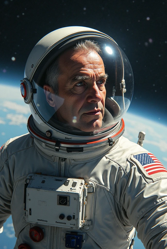 ted budd <lora:senate_066_ted_budd:0.65> , face closeup, face focus, shirt, formal, suit, collared shirt, white shirt, jacket,
Wearing a classic astronaut suit, floating in space with Earth visible in the background,
best quality, masterpiece, HDR, professional, studio quality, highres,