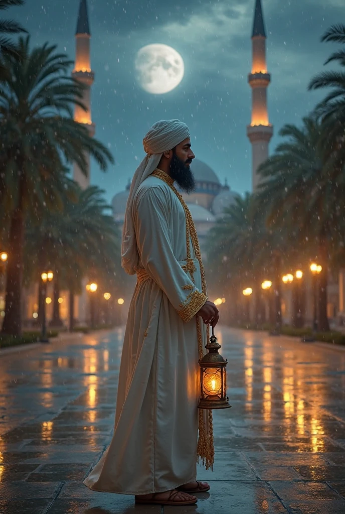 "An elderly religious man wearing a turban from ancient times stands beside a mosque at night. The scene is illuminated by a soft, warm glow from lanterns, with the moon shining brightly in a clear, starry sky. The man, dressed in traditional clothing, looks peaceful and contemplative, surrounded by the serene and sacred atmosphere of the mosque."