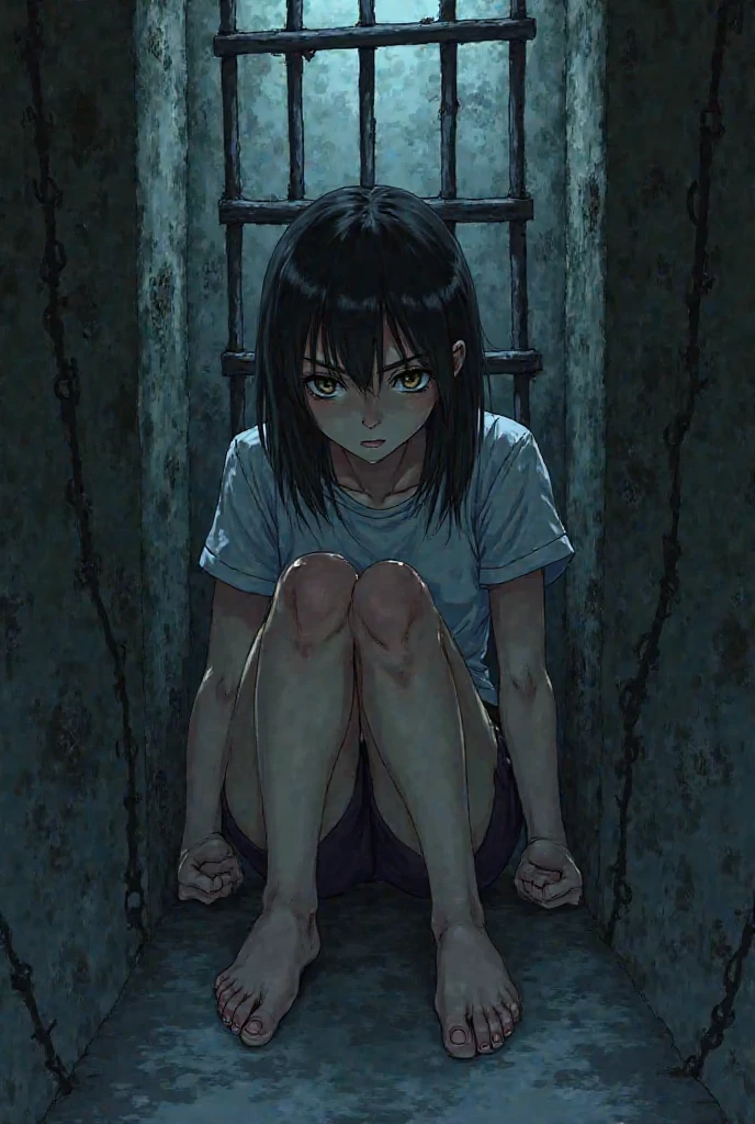 Solo character, full body version, girl, short haircut, black color hair, brown eyes, pink lingerie, no shock, no shoes, detailed shadow, (black clover style art), crying eyes, sit down gesture, handcuff, prison indoor room, blood, Tortured