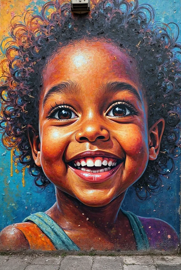 3-year-old girl, African-American, curly haired, smiling, brush abstract strokes by John Berkey